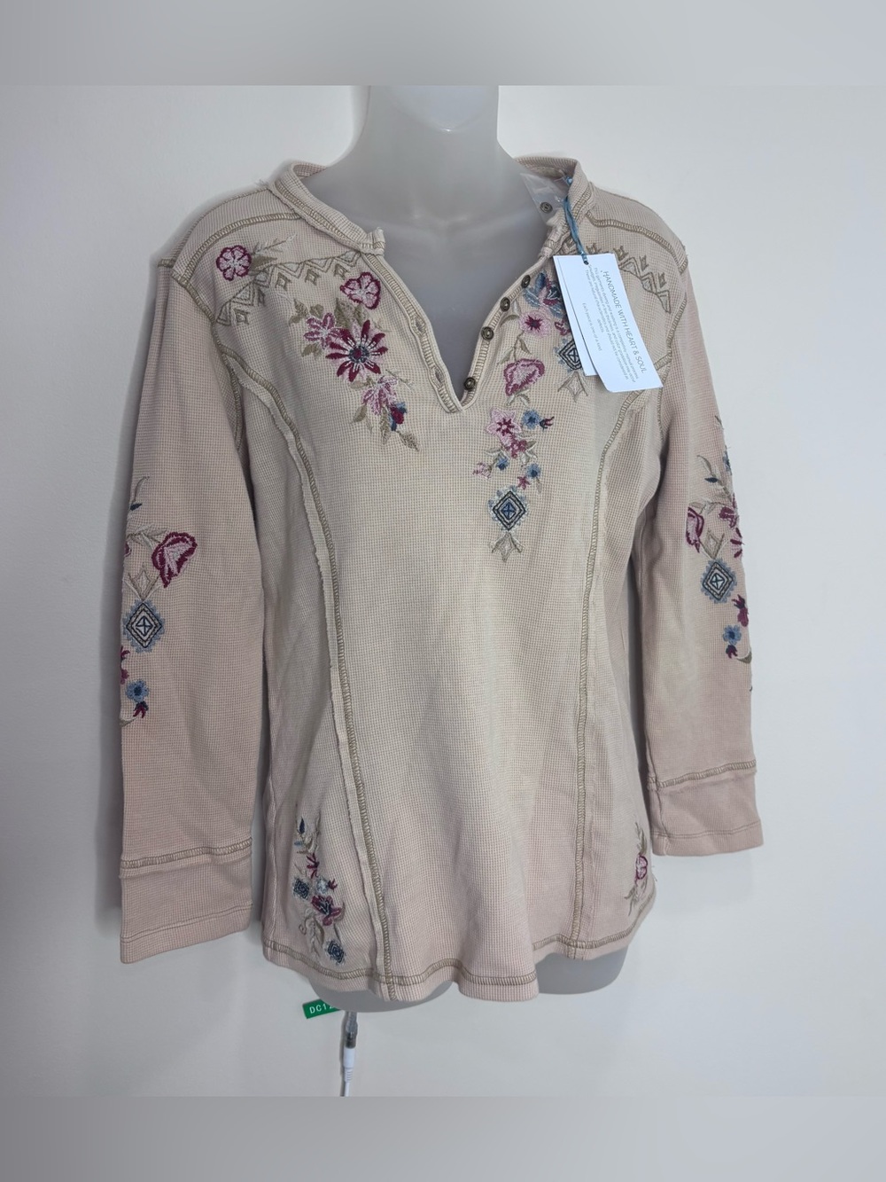 Anthropologie Caite NWT Cream Embroidered Henley Long-Sleeve Top Small
